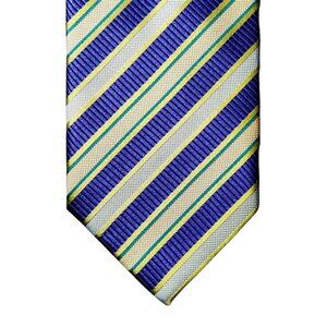 Paul Stuart Necktie Tie Multicolor Blue Green Striped Repp Silk Hand Made Italy